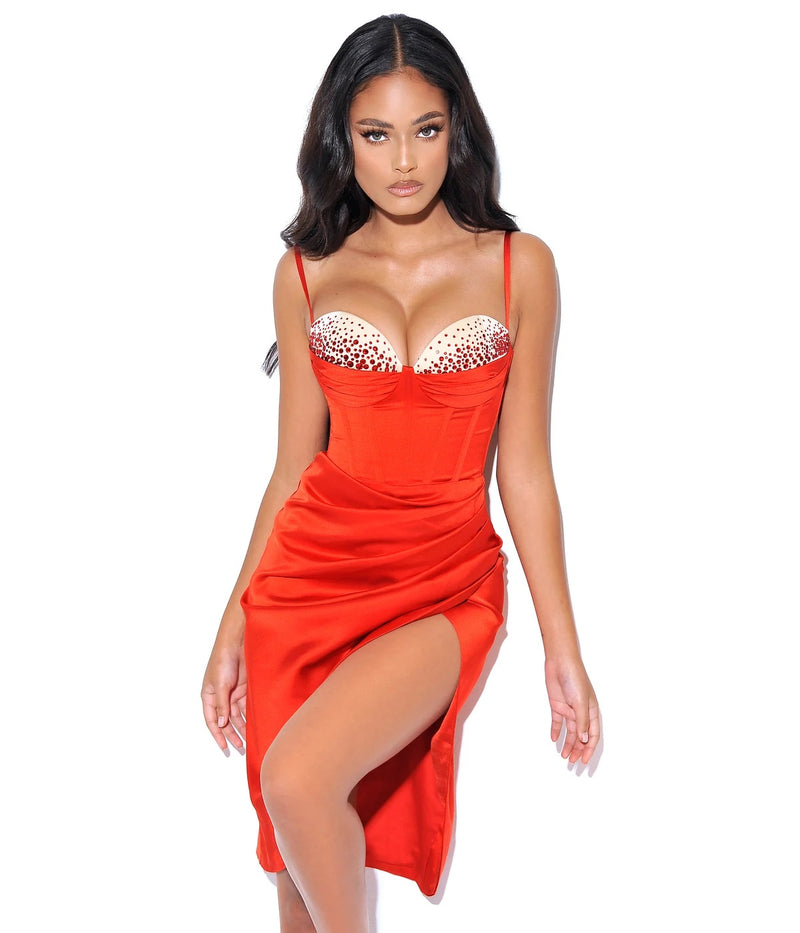 Kyla Red Satin Corset Dress With Crystals