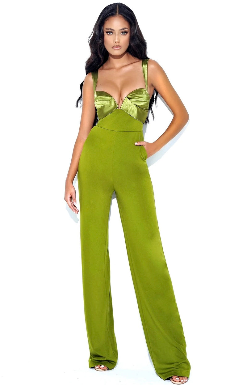 Mila Green Satin And Crepe Jumpsuit