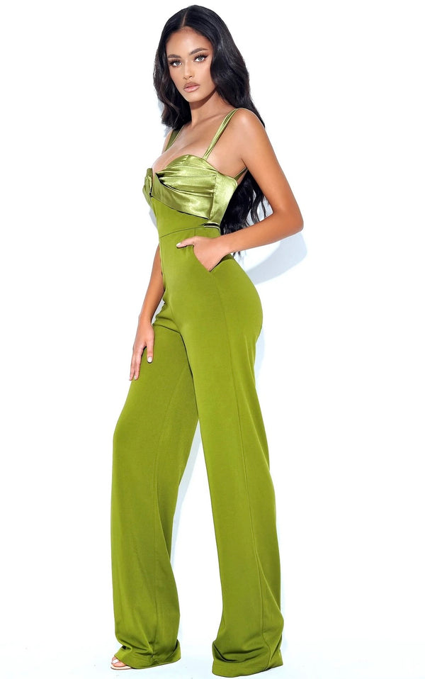 Mila Green Satin And Crepe Jumpsuit