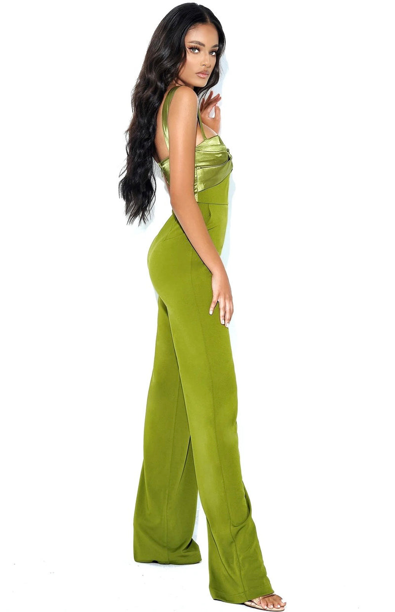 Mila Green Satin And Crepe Jumpsuit