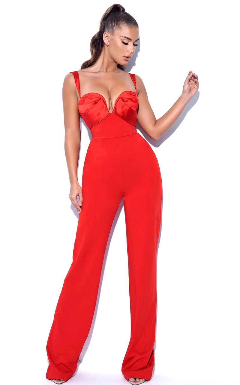 Mila Red Satin And Crepe Jumpsuit